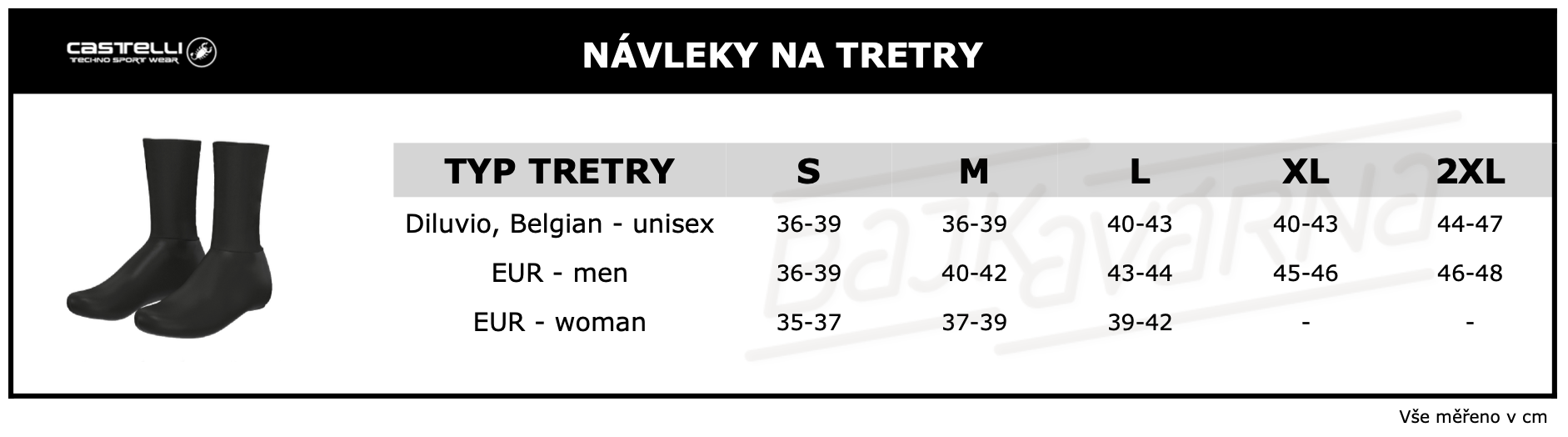 Velikostní tabulka návleky CASTELLI